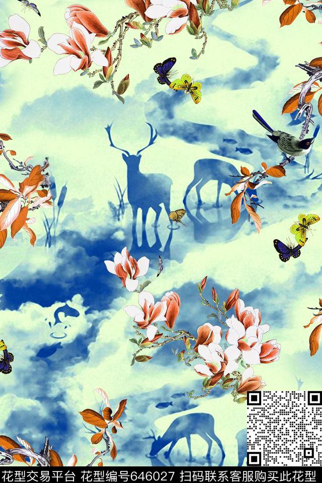 花卉梅花鹿水粉画数码印花华亿平台下载（图片编号: 646027） - 瓦栏（Walan）