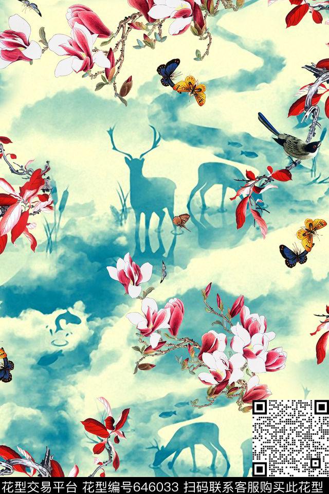 花卉梅花鹿水粉画数码印花华亿平台下载（图片编号: 646033） - 瓦栏（Walan）