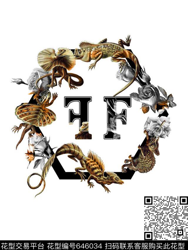 原创变色龙玫瑰结合男士定位花简欧潮牌插画风格数码印花华亿平台下载（图片编号: 646034） - 瓦栏（Walan）