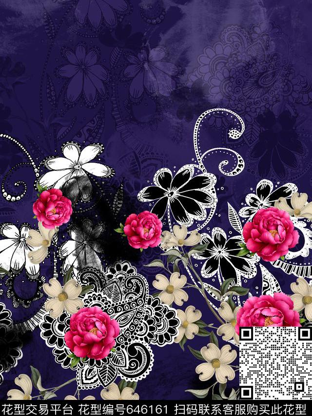 花朵花卉欧式花纹数码印花华亿平台下载（图片编号: 646161） - 瓦栏（Walan）