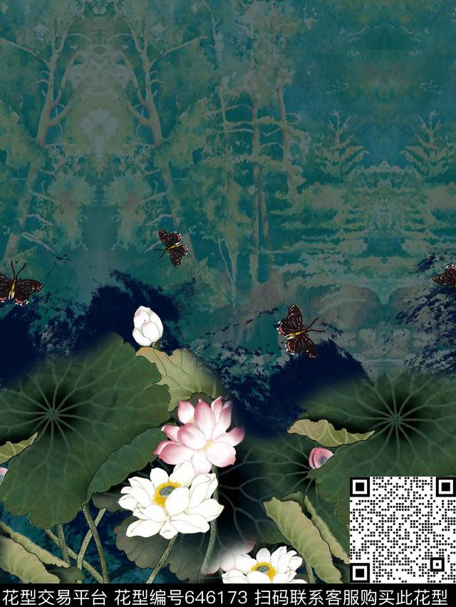 荷花花卉国画数码印花华亿平台下载（图片编号: 646173） - 瓦栏（Walan）