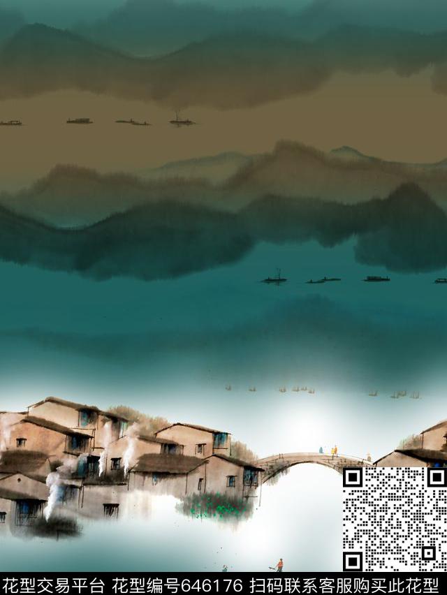 山水画民族风中国风数码印花华亿平台下载（图片编号: 646176） - 瓦栏（Walan）