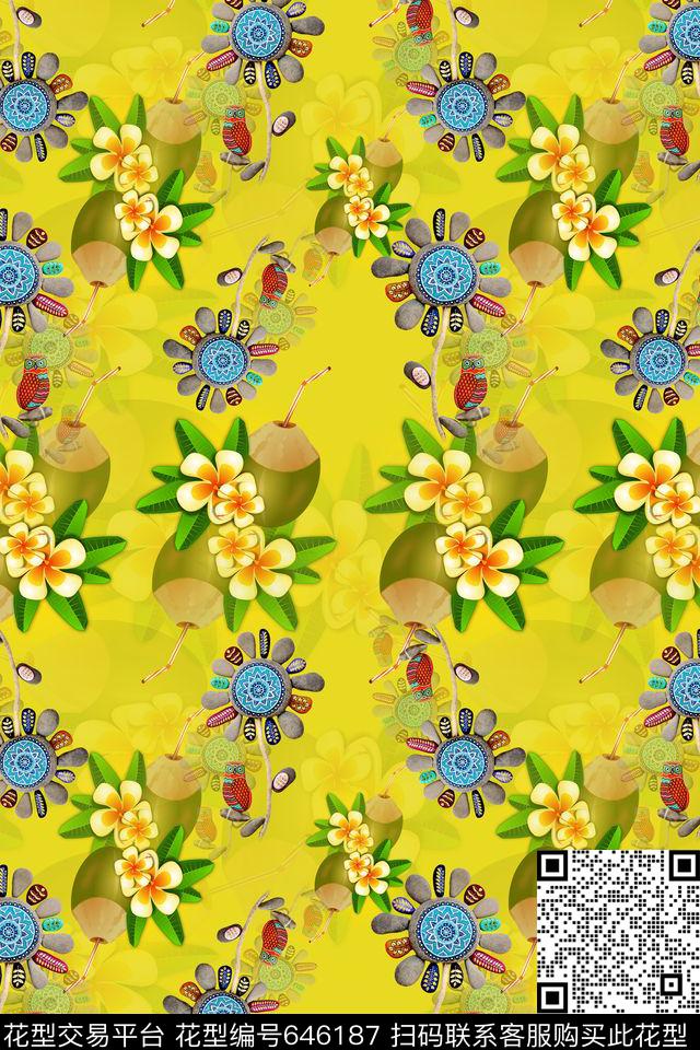 热带海滨度假椰子汁石头画数码印花华亿平台下载（图片编号: 646187） - 瓦栏（Walan）