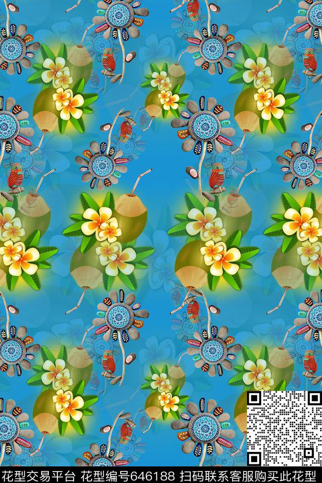 热带海滨度假椰子汁石头画数码印花华亿平台下载（图片编号: 646188） - 瓦栏（Walan）