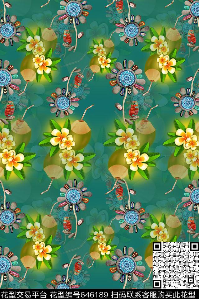 热带海滨度假椰子汁石头画数码印花华亿平台下载（图片编号: 646189） - 瓦栏（Walan）