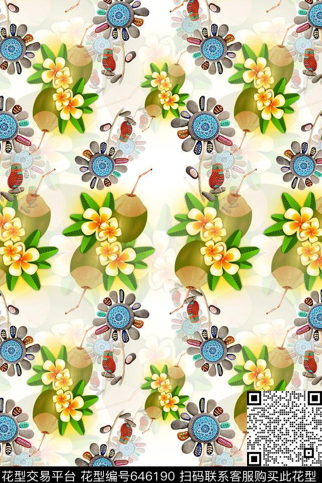 热带海滨度假椰子汁石头画数码印花华亿平台下载（图片编号: 646190） - 瓦栏（Walan）