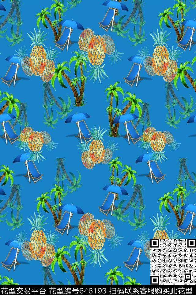 热带海滨度假棕榈叶菠萝数码印花华亿平台下载（图片编号: 646193） - 瓦栏（Walan）