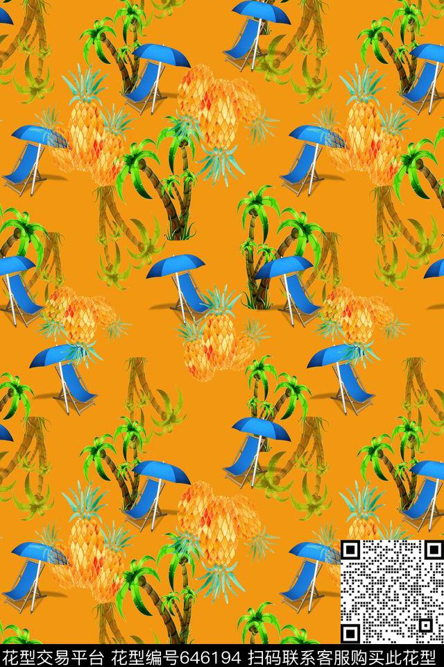 热带海滨度假棕榈叶菠萝数码印花华亿平台下载（图片编号: 646194） - 瓦栏（Walan）