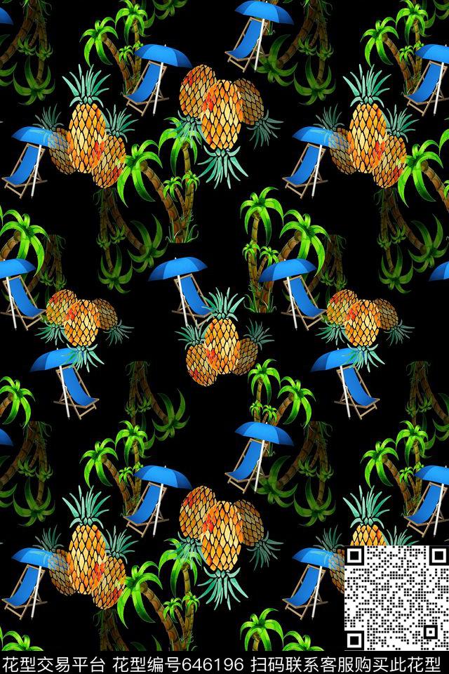 热带海滨度假棕榈叶菠萝数码印花华亿平台下载（图片编号: 646196） - 瓦栏（Walan）