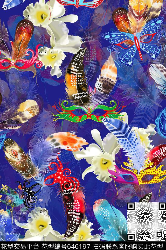 时尚面具羽毛花卉花朵数码印花华亿平台下载（图片编号: 646197） - 瓦栏（Walan）