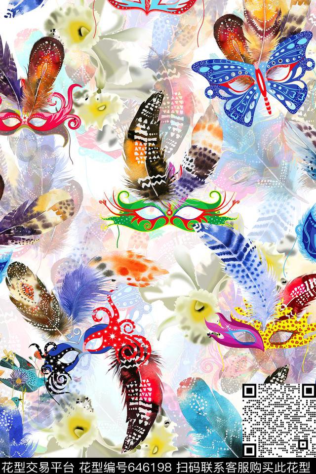 时尚面具羽毛花卉花朵数码印花华亿平台下载（图片编号: 646198） - 瓦栏（Walan）