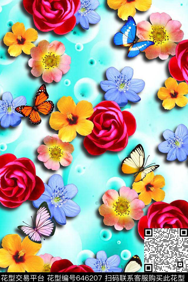 花卉蝴蝶清新数码印花华亿平台下载（图片编号: 646207） - 瓦栏（Walan）