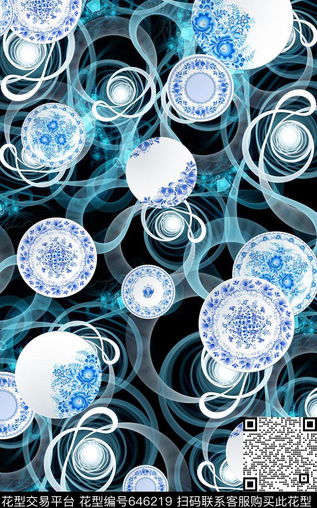 中国风分形瓷盘数码印花华亿平台下载（图片编号: 646219） - 瓦栏（Walan）