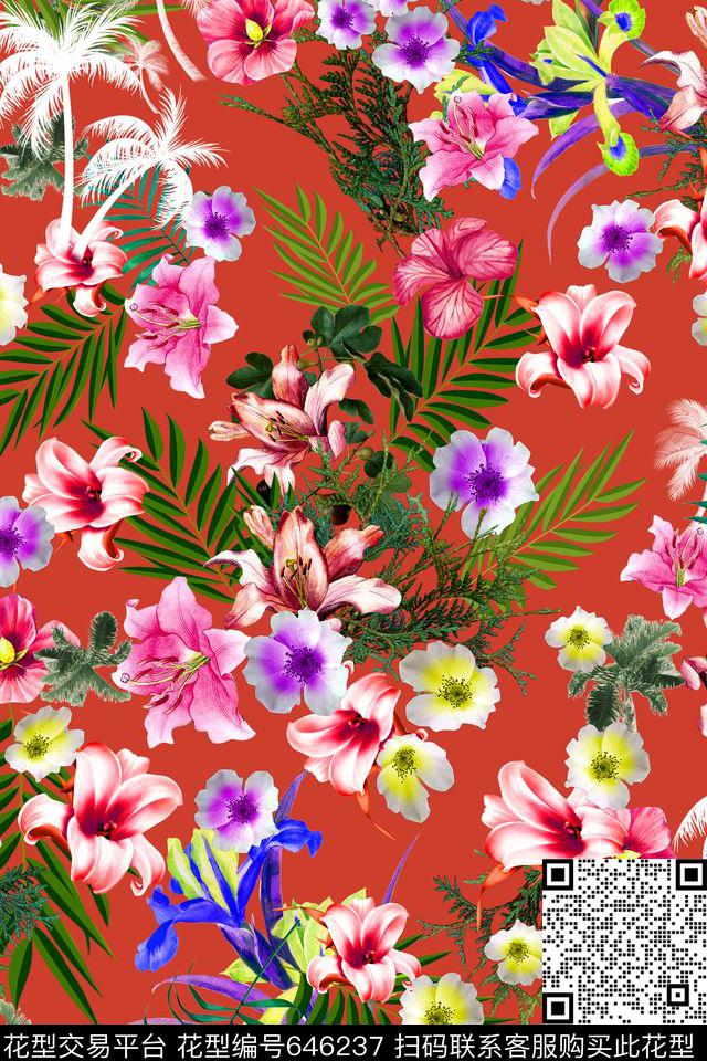 花卉热带树叶橘色底数码印花华亿平台下载（图片编号: 646237） - 瓦栏（Walan）