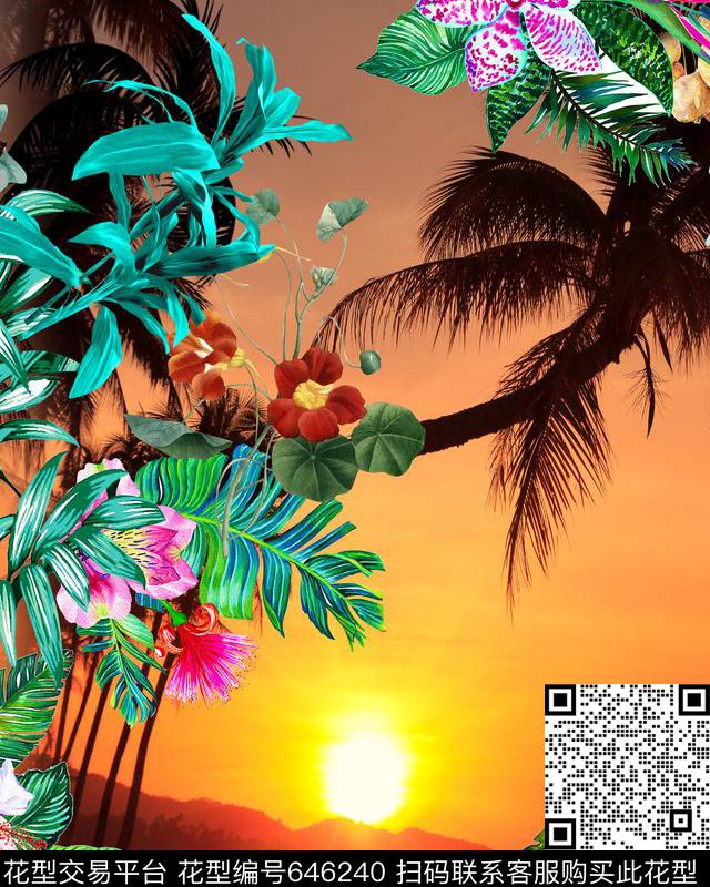 热带风光椰树花卉数码印花华亿平台下载（图片编号: 646240） - 瓦栏（Walan）