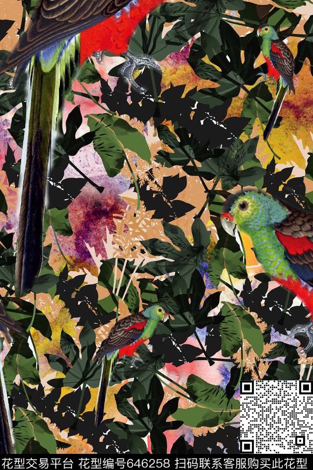 棕榈叶鹦鹉巴西数码印花华亿平台下载（图片编号: 646258） - 瓦栏（Walan）