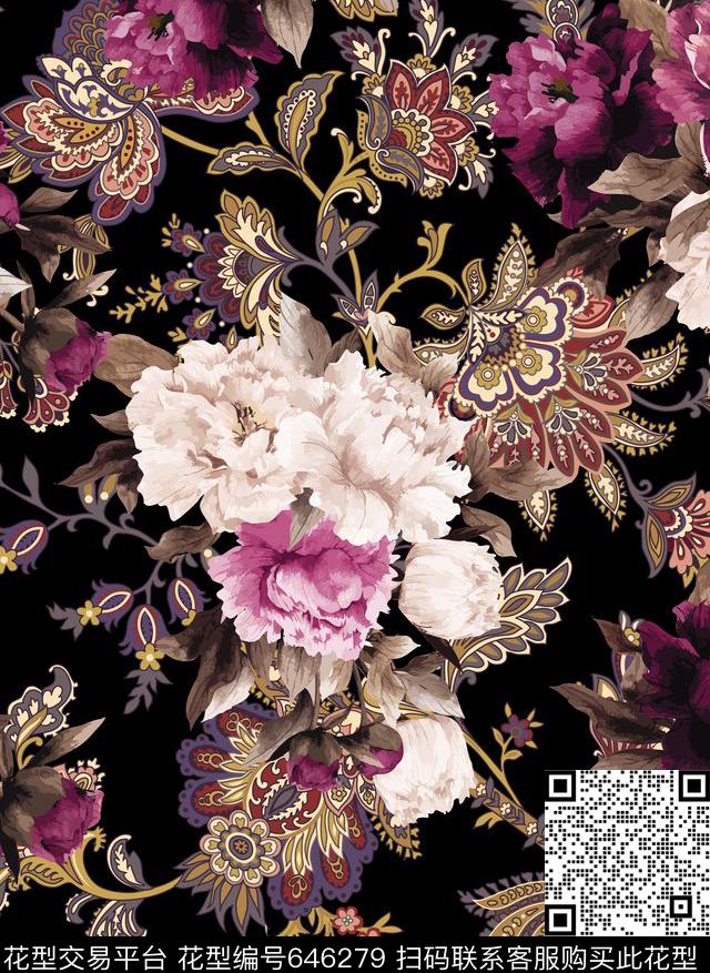 花朵花卉佩里斯传统印花华亿平台下载（图片编号: 646279） - 瓦栏（Walan）