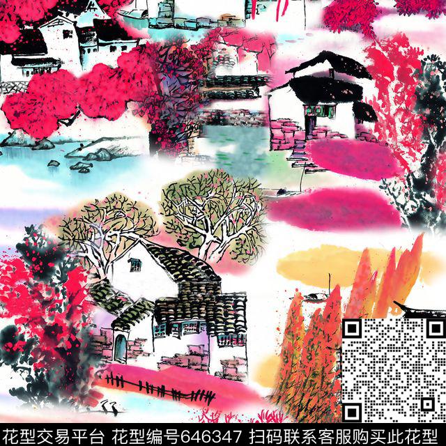 风景此华亿平台为1/2跳接水彩数码印花华亿平台下载（图片编号: 646347） - 瓦栏（Walan）