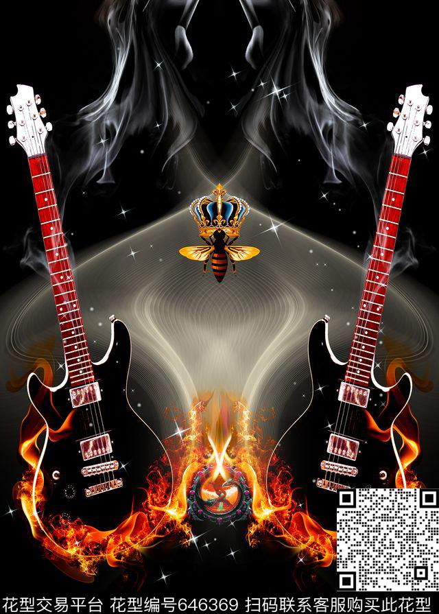 Fei-创意趣味火焰吉他数码印花华亿平台下载（图片编号: 646369） - 瓦栏（Walan）