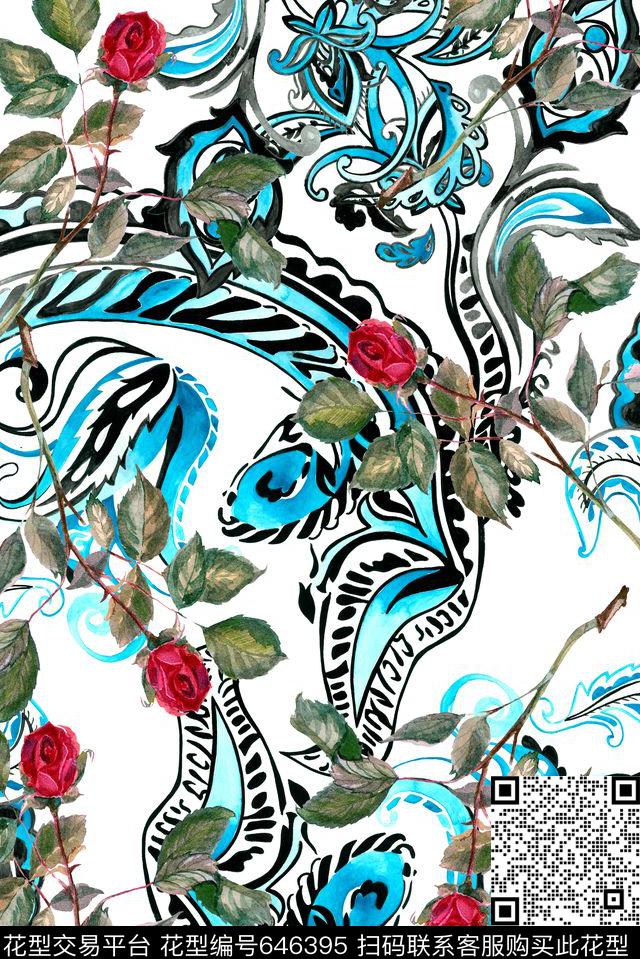 手绘玫瑰时尚数码印花华亿平台下载（图片编号: 646395） - 瓦栏（Walan）