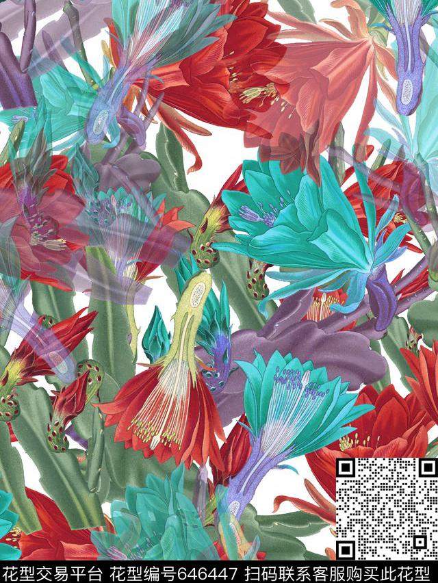 手绘热带风情花卉数码印花华亿平台下载（图片编号: 646447） - 瓦栏（Walan）