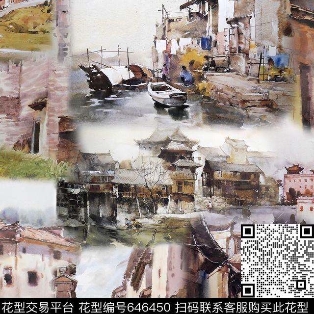 此华亿平台为1/2跳接风景水彩数码印花华亿平台下载（图片编号: 646450） - 瓦栏（Walan）