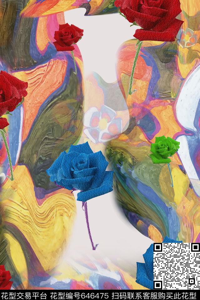笔触复古玫瑰数码印花华亿平台下载（图片编号: 646475） - 瓦栏（Walan）