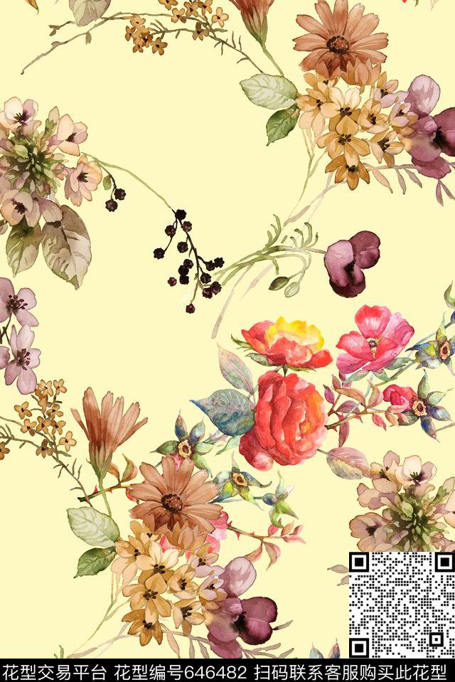 手绘花卉花草数码印花华亿平台下载（图片编号: 646482） - 瓦栏（Walan）