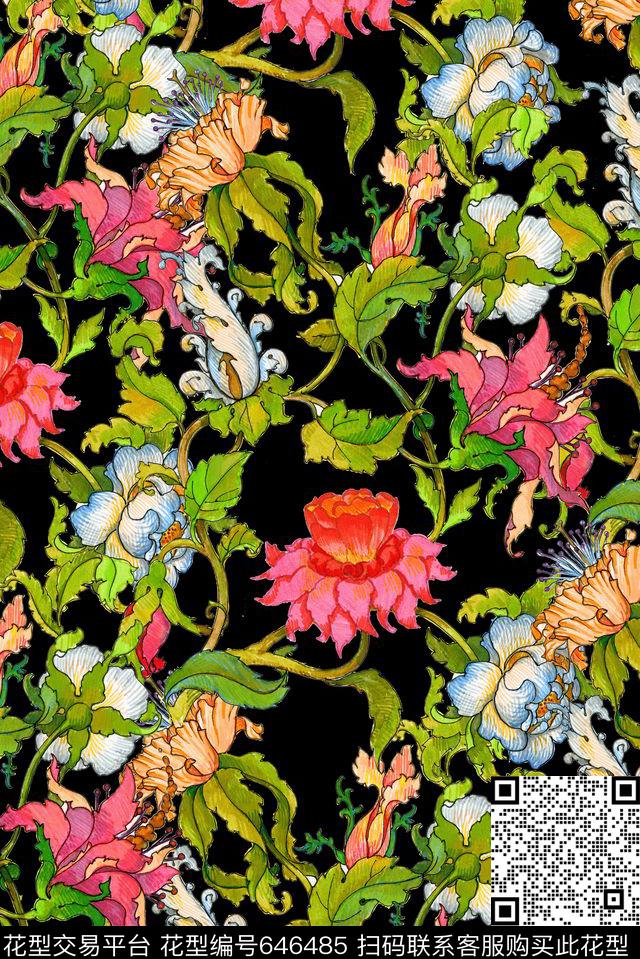 手绘植物花卉数码印花华亿平台下载（图片编号: 646485） - 瓦栏（Walan）