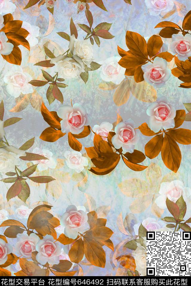 小碎花玫瑰花朵数码印花华亿平台下载（图片编号: 646492） - 瓦栏（Walan）