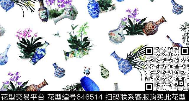 花卉复古风瓷器数码印花华亿平台下载（图片编号: 646514） - 瓦栏（Walan）