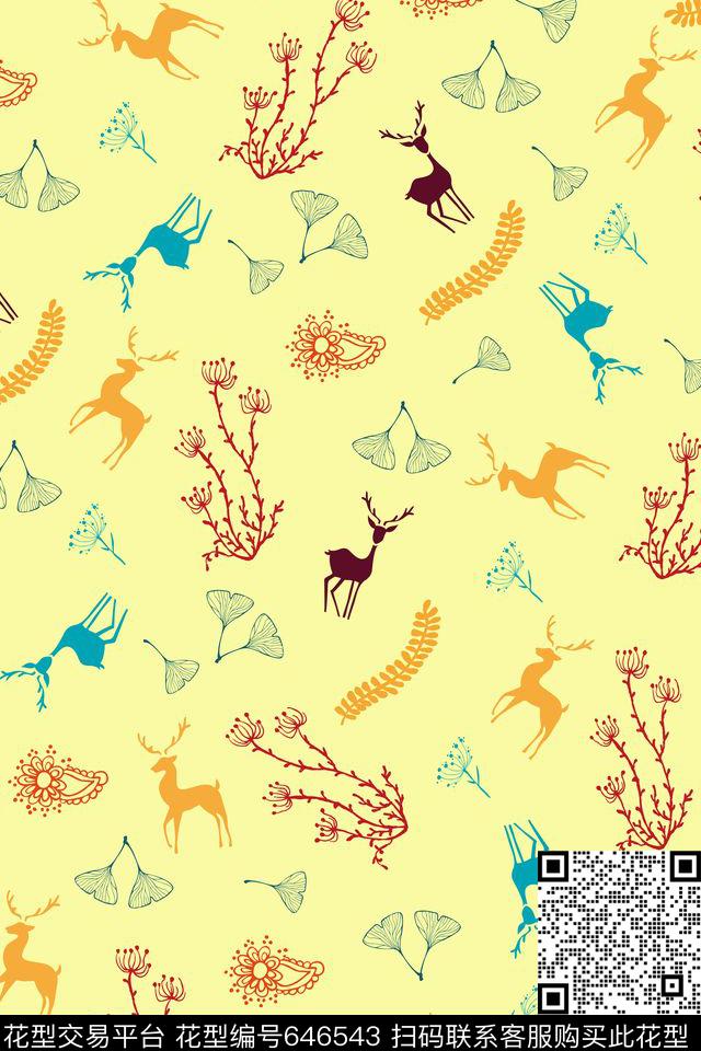 鹿珊瑚蒲公英传统印花华亿平台下载（图片编号: 646543） - 瓦栏（Walan）