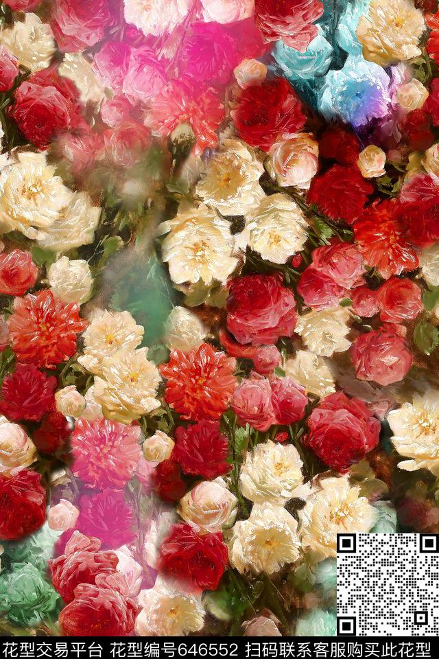 牡丹花卉满地花数码印花华亿平台下载（图片编号: 646552） - 瓦栏（Walan）
