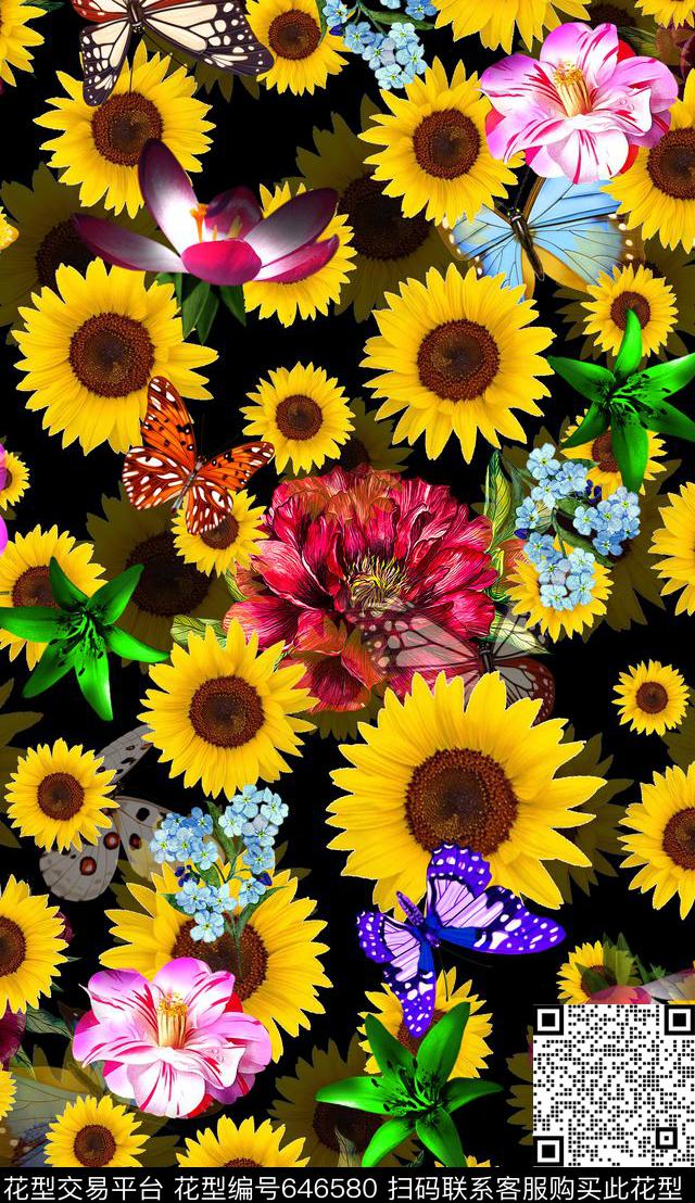 向日葵蝴蝶大牌风数码印花华亿平台下载（图片编号: 646580） - 瓦栏（Walan）