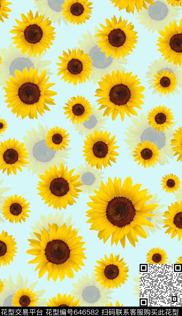 向日葵清爽底花卉阳光数码印花华亿平台下载（图片编号: 646582） - 瓦栏（Walan）