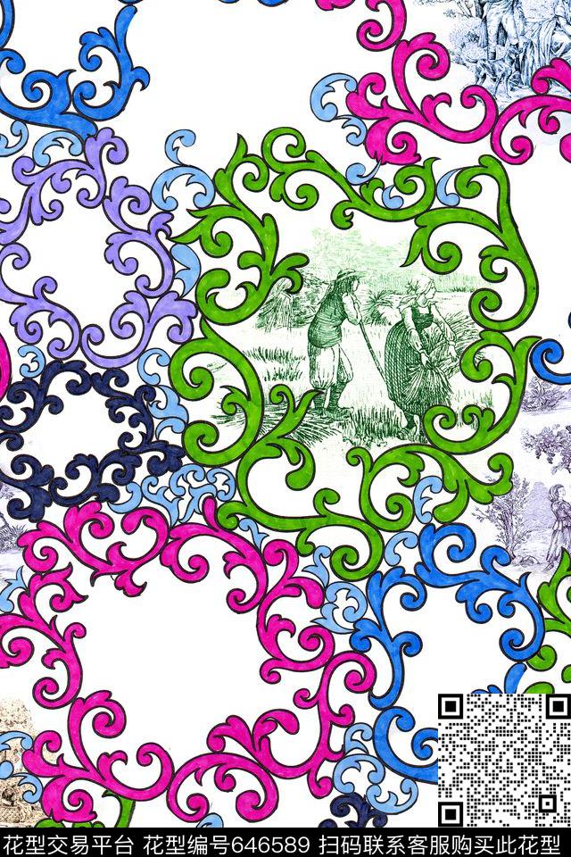 卷草线描风景数码印花华亿平台下载（图片编号: 646589） - 瓦栏（Walan）