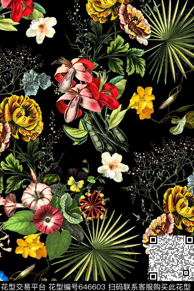时尚手绘花卉数码印花华亿平台下载（图片编号: 646603） - 瓦栏（Walan）