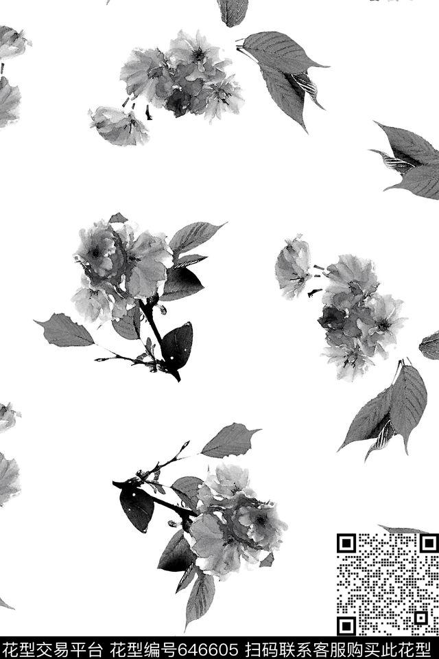 花卉树叶黑白数码印花华亿平台下载（图片编号: 646605） - 瓦栏（Walan）
