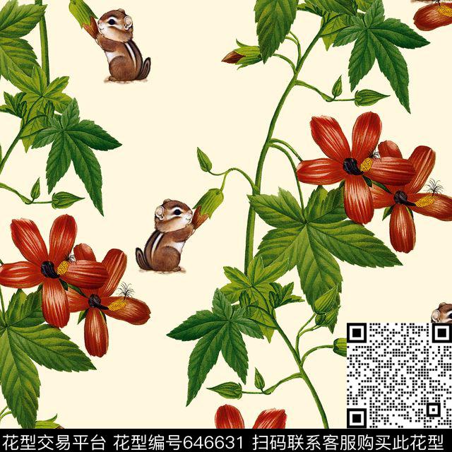花朵花卉动物松鼠数码印花华亿平台下载（图片编号: 646631） - 瓦栏（Walan）