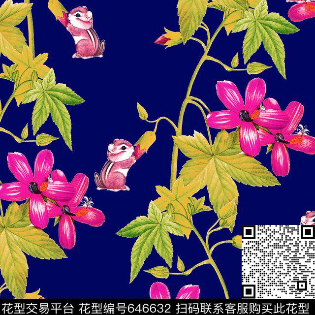 花朵花卉动物松鼠数码印花华亿平台下载（图片编号: 646632） - 瓦栏（Walan）