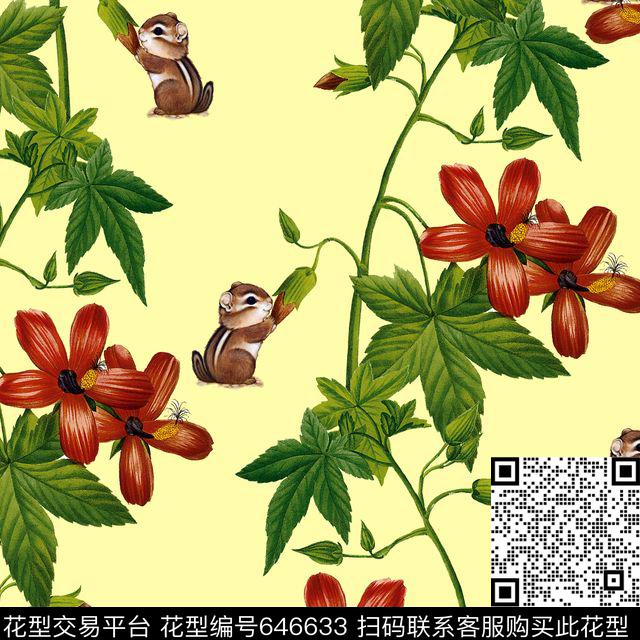 花朵花卉动物松鼠数码印花华亿平台下载（图片编号: 646633） - 瓦栏（Walan）