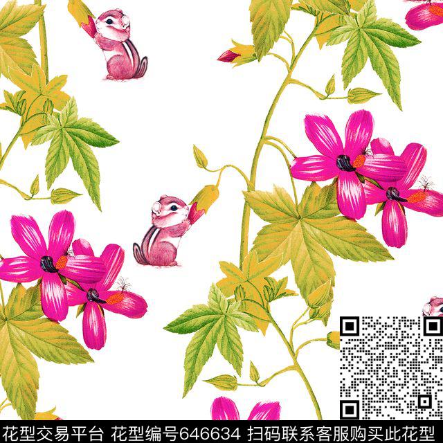 花朵花卉动物松鼠数码印花华亿平台下载（图片编号: 646634） - 瓦栏（Walan）
