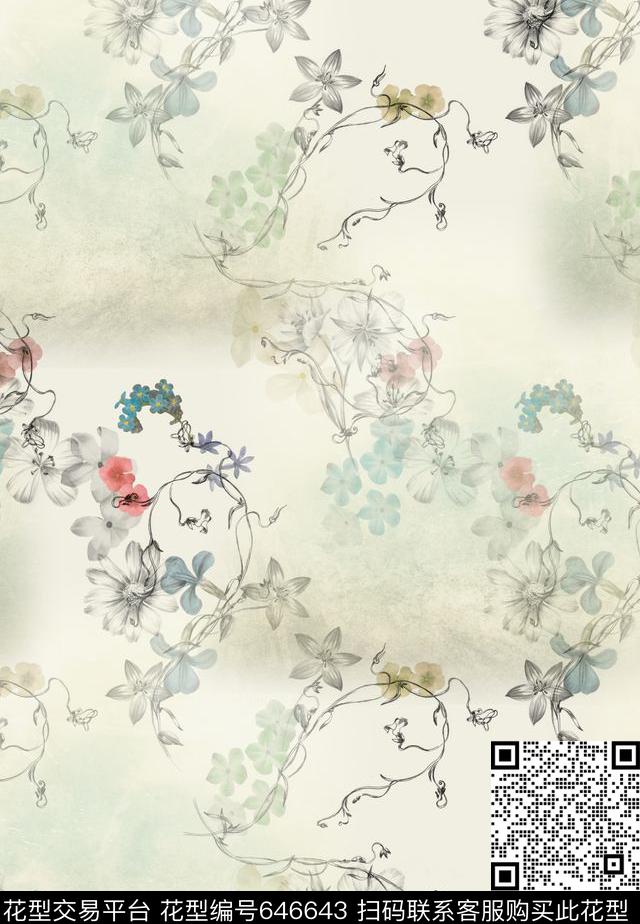 花朵花卉绿色数码印花华亿平台下载（图片编号: 646643） - 瓦栏（Walan）