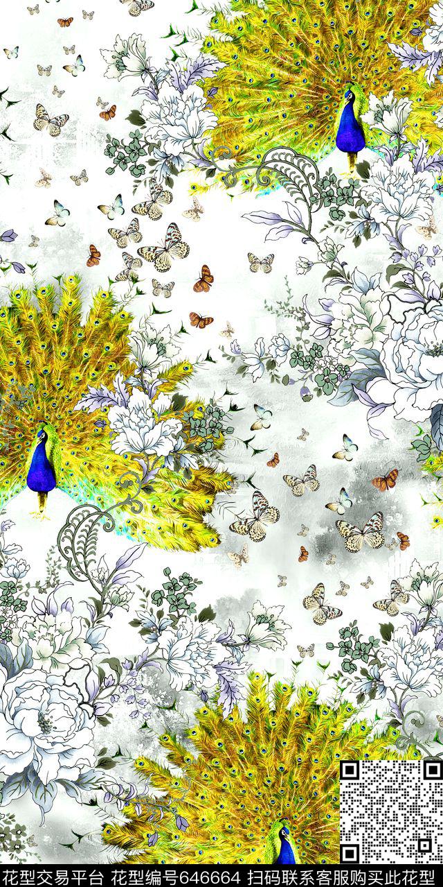 孔雀蝴蝶百鸟朝凤数码印花华亿平台下载（图片编号: 646664） - 瓦栏（Walan）