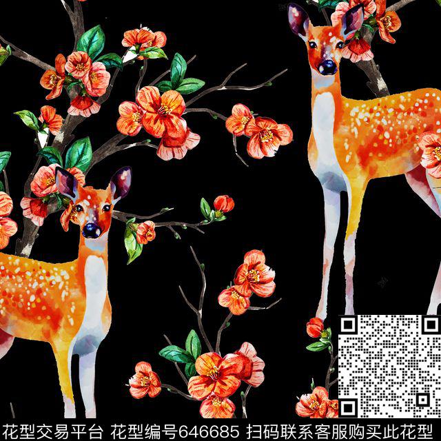 浪漫花卉动物梅花鹿数码印花华亿平台下载（图片编号: 646685） - 瓦栏（Walan）