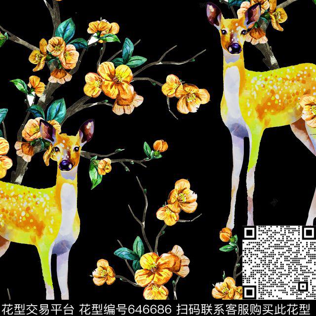 浪漫花卉动物梅花鹿数码印花华亿平台下载（图片编号: 646686） - 瓦栏（Walan）