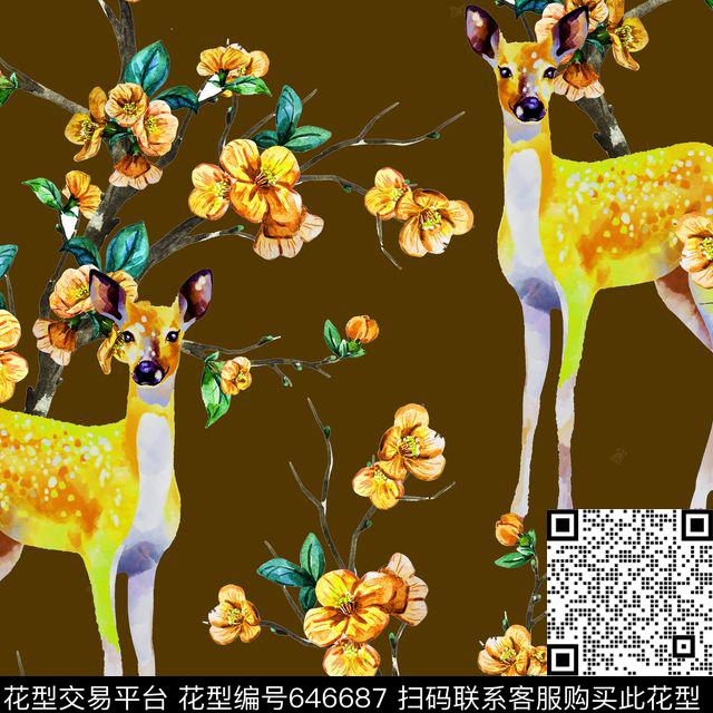 浪漫花卉动物梅花鹿数码印花华亿平台下载（图片编号: 646687） - 瓦栏（Walan）