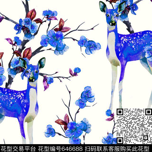 浪漫花卉动物梅花鹿数码印花华亿平台下载（图片编号: 646688） - 瓦栏（Walan）