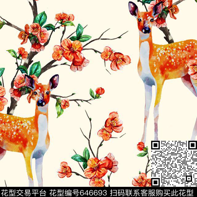 浪漫花卉动物梅花鹿年轻时尚数码印花华亿平台下载（图片编号: 646693） - 瓦栏（Walan）