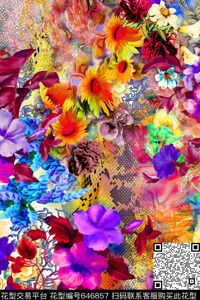 牡丹玫瑰小碎花数码印花华亿平台下载（图片编号: 646857） - 瓦栏（Walan）